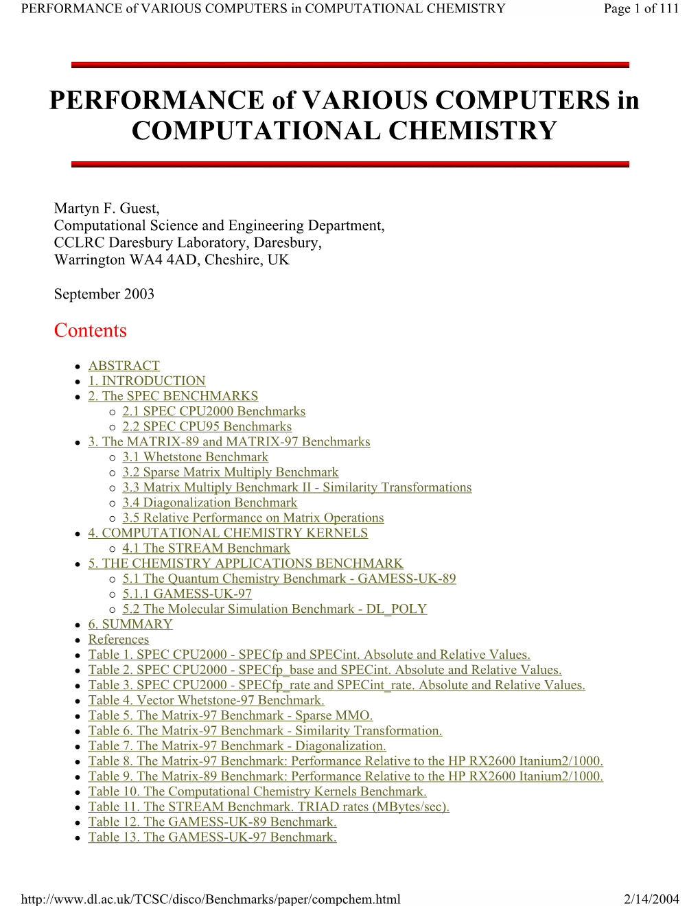 PERFORMANCE of VARIOUS COMPUTERS in COMPUTATIONAL CHEMISTRY Page 1 of 111