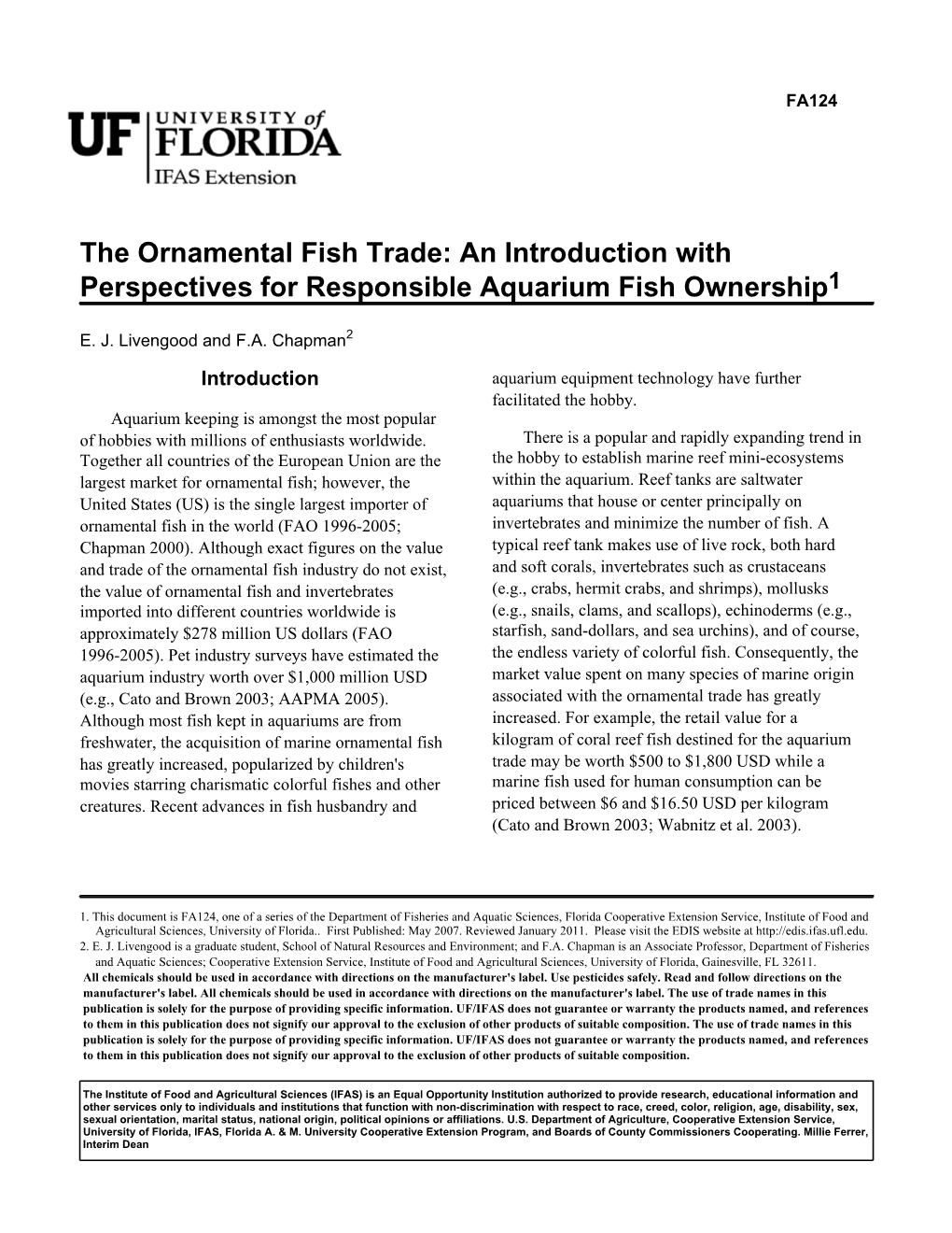 The Ornamental Fish Trade: an Introduction with Perspectives for Responsible Aquarium Fish Ownership1