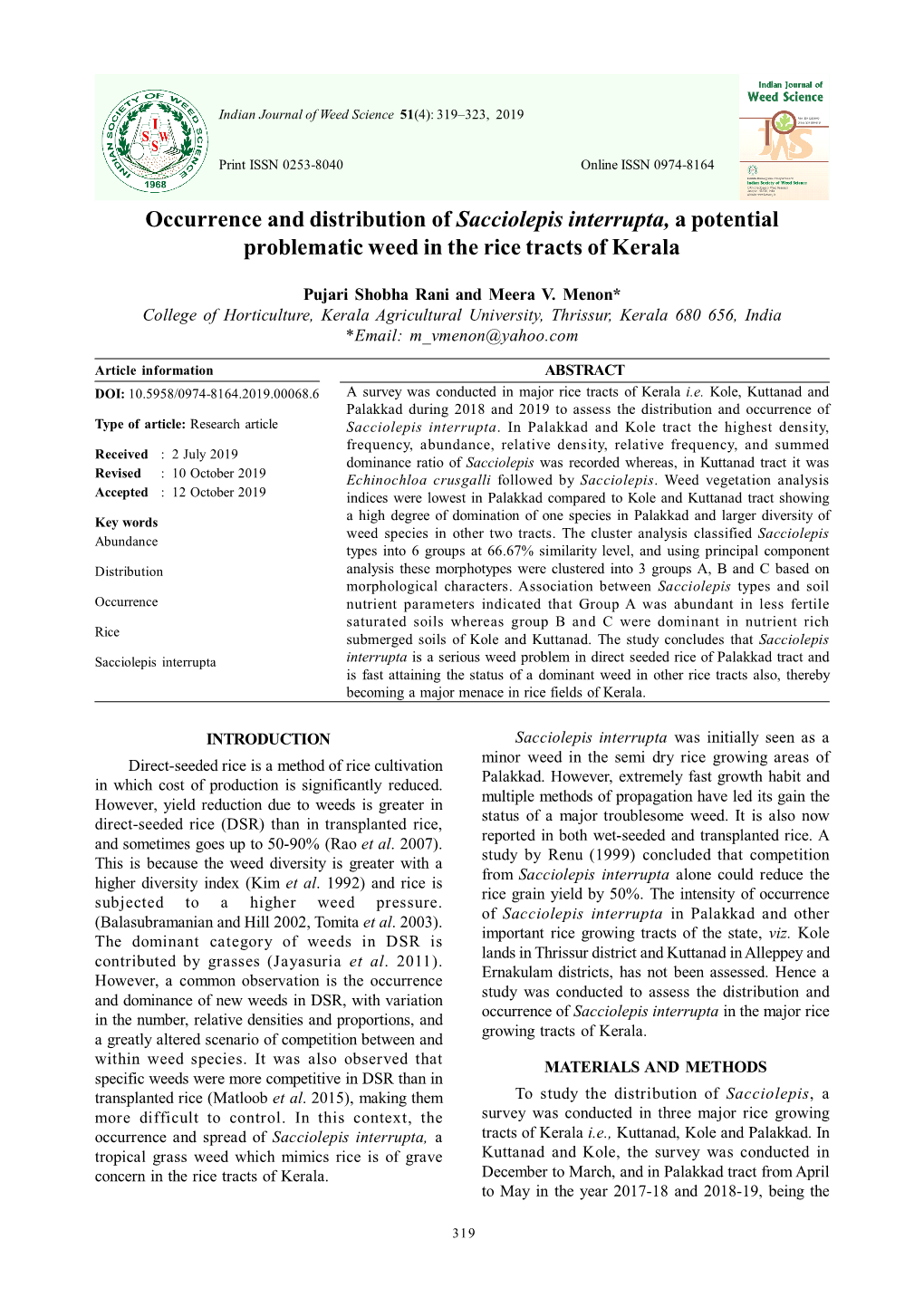 Occurrence and Distribution of Sacciolepis Interrupta, a Potential Problematic Weed in the Rice Tracts of Kerala