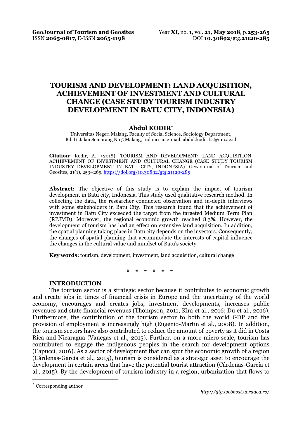 Case Study Tourism Industry Development in Batu City, Indonesia)