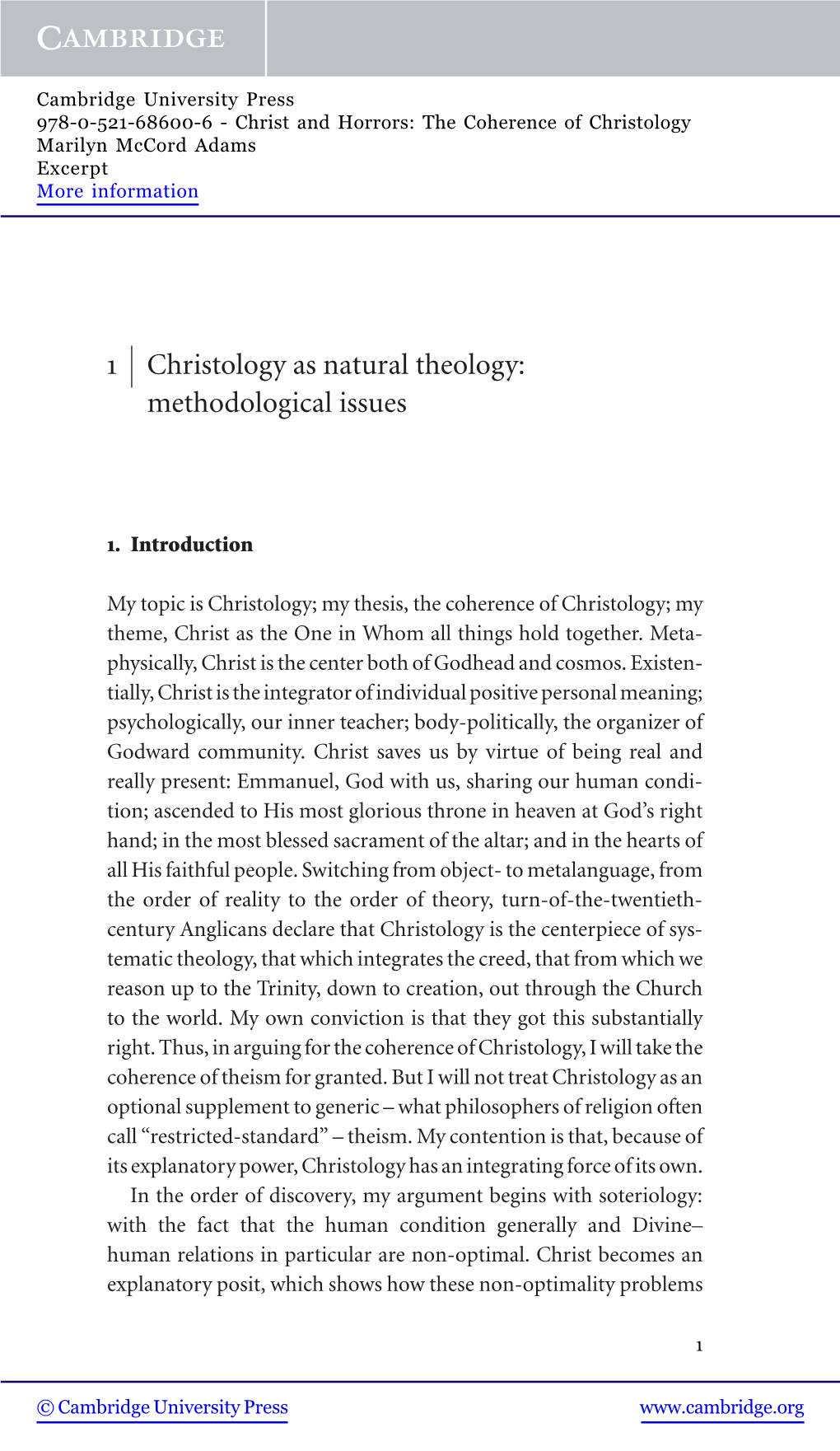1 Christology As Natural Theology: Methodological Issues