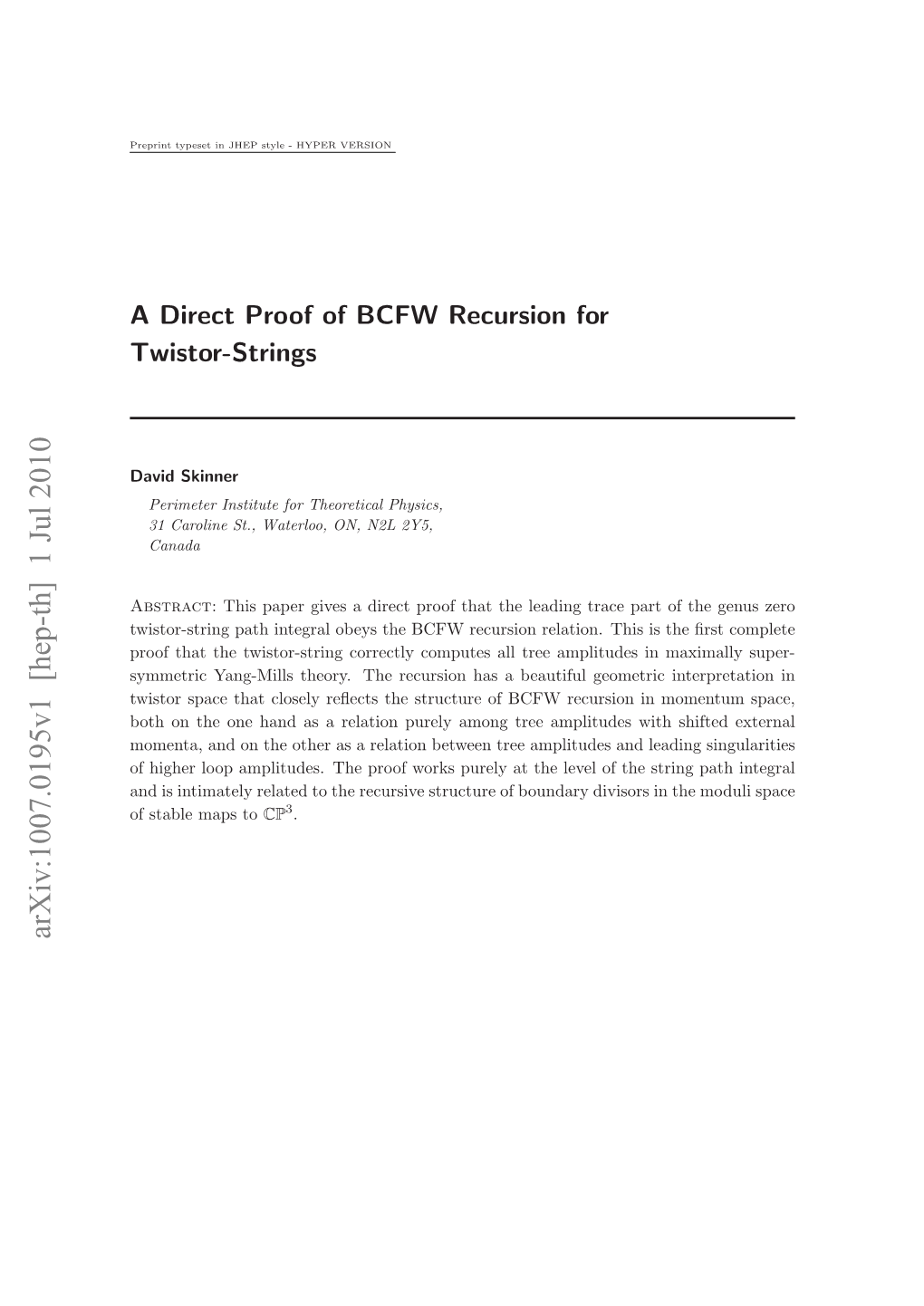 A Direct Proof of BCFW Recursion for Twistor-Strings