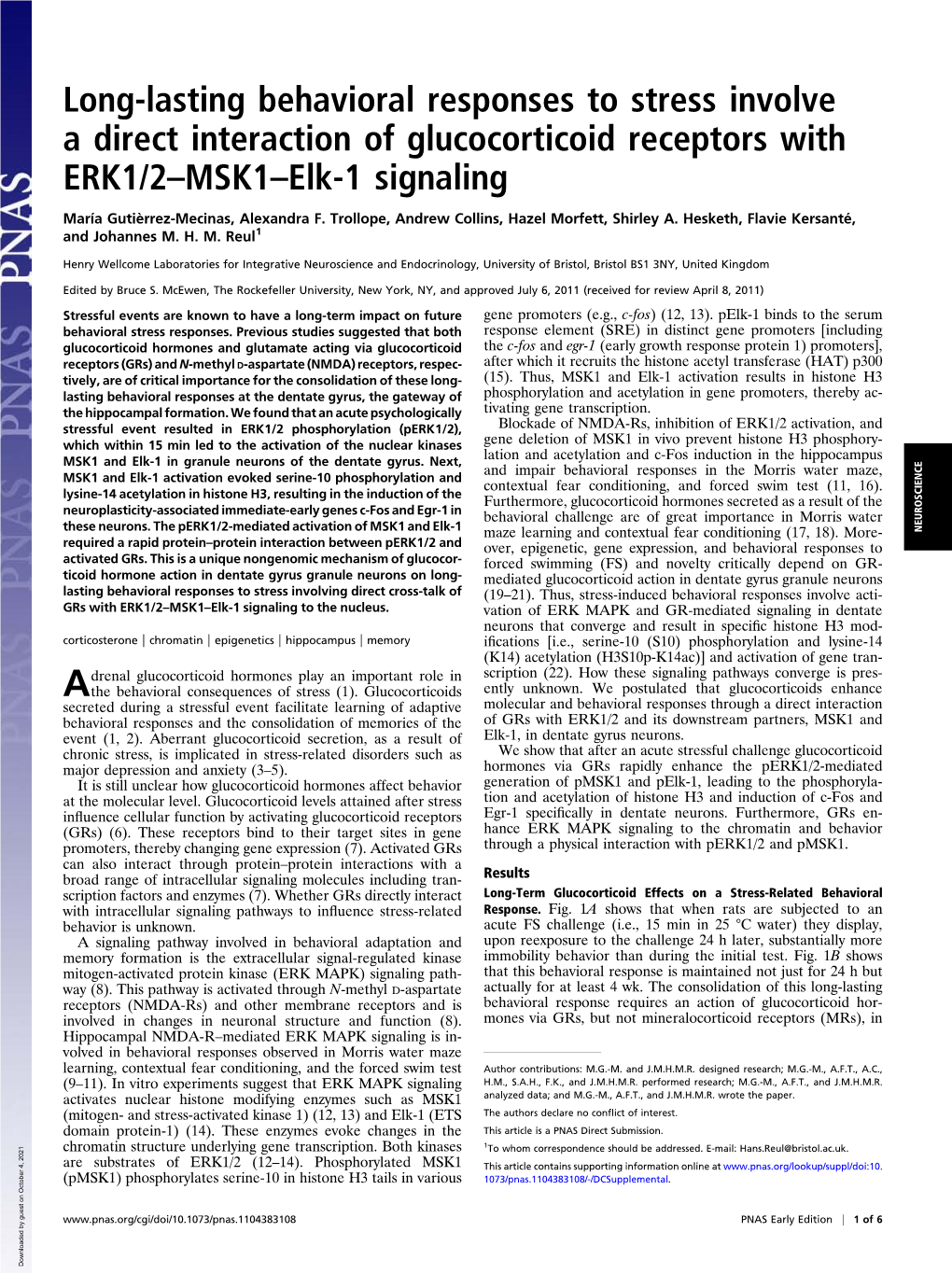 Long-Lasting Behavioral Responses to Stress Involve a Direct Interaction of Glucocorticoid Receptors with ERK1/2–MSK1–Elk-1 Signaling
