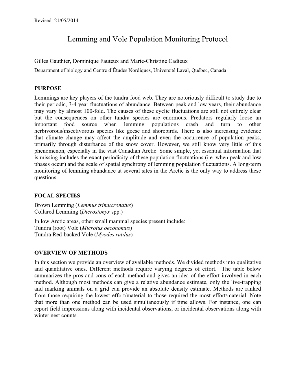 Lemming and Vole Population Monitoring Protocol