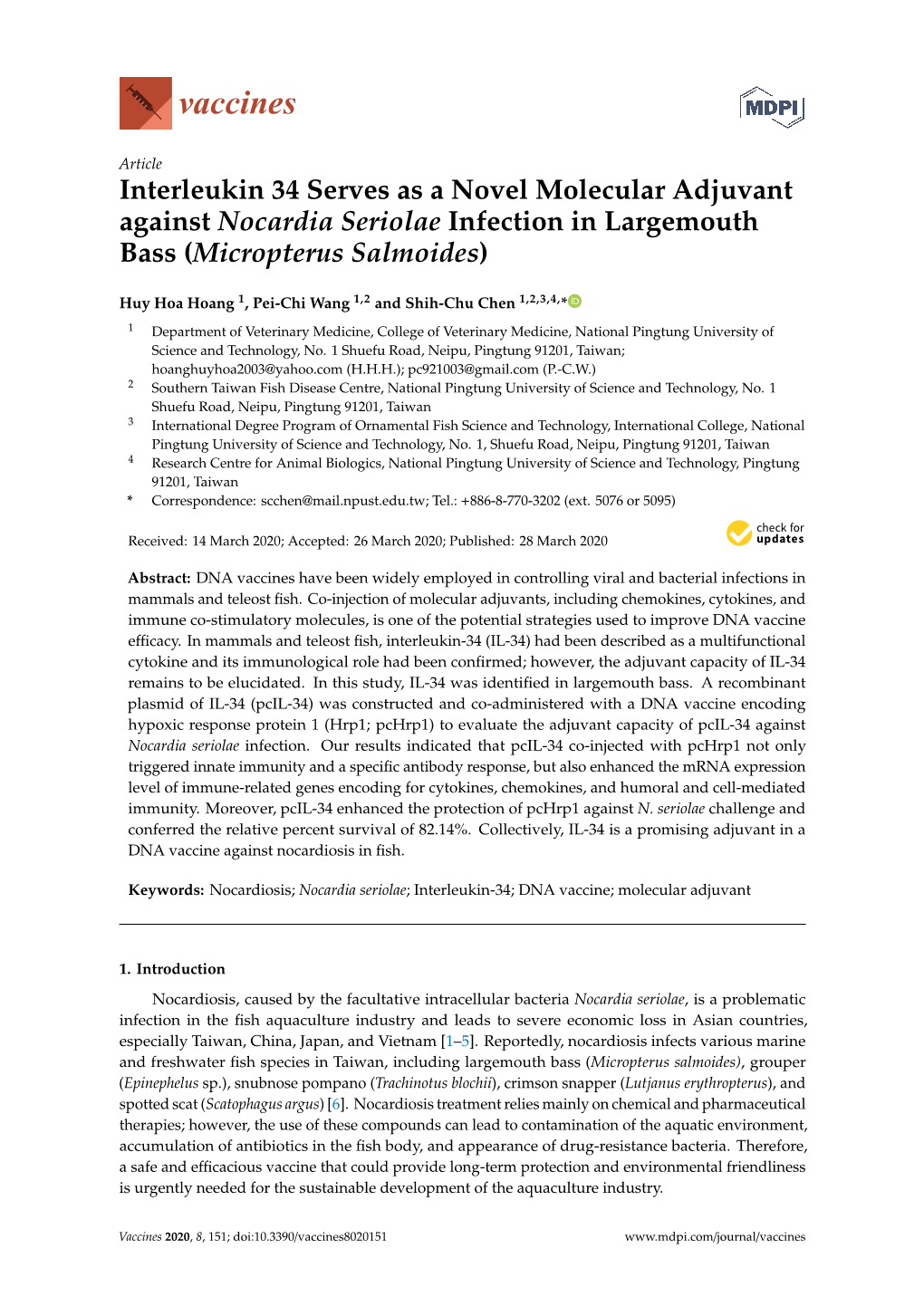 Interleukin 34 Serves As a Novel Molecular Adjuvant Against Nocardia Seriolae Infection in Largemouth Bass (Micropterus Salmoides)