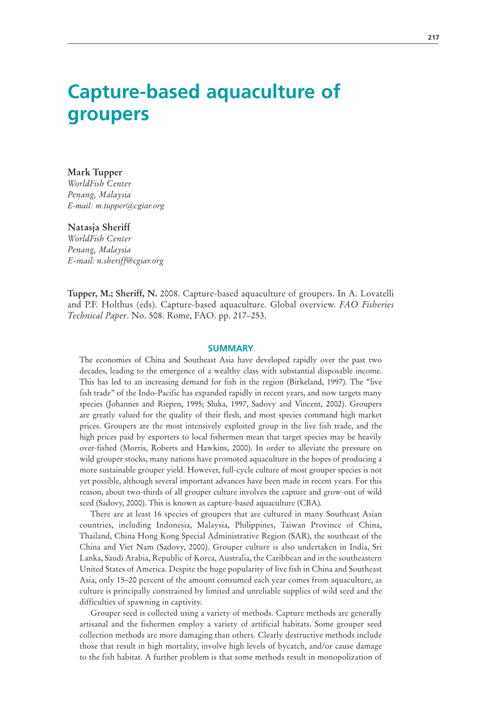 Capture-Based Aquaculture of Groupers