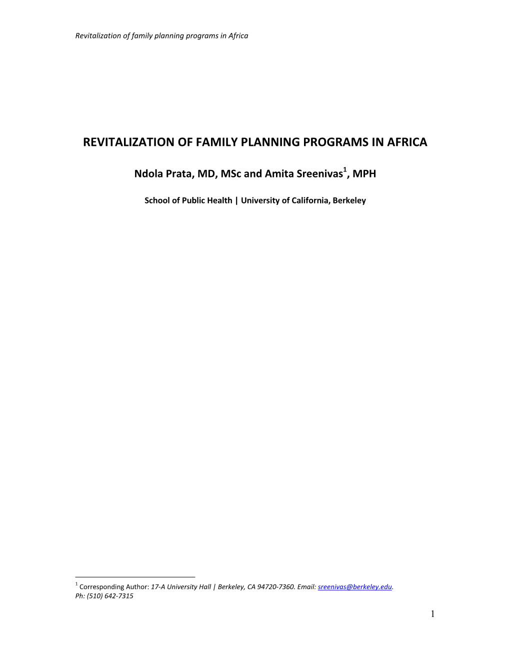 Revitalization of Family Planning Programs in Africa