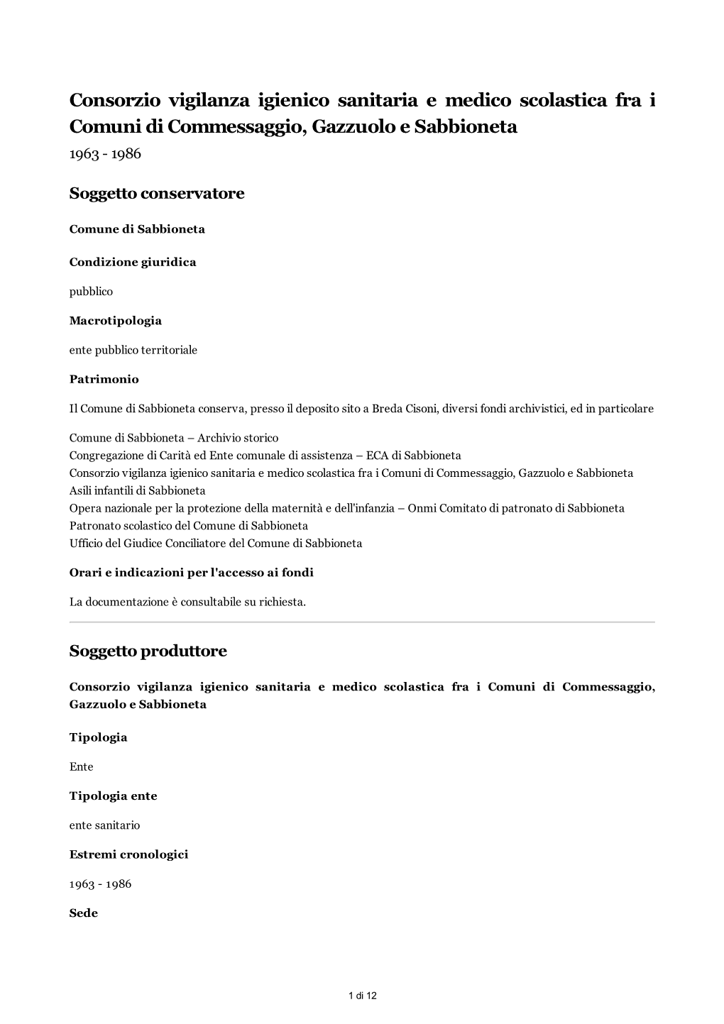 Consorzio Vigilanza Igienico Sanitaria E Medico Scolastica Fra I Comuni Di Commessaggio, Gazzuolo E Sabbioneta 1963 - 1986