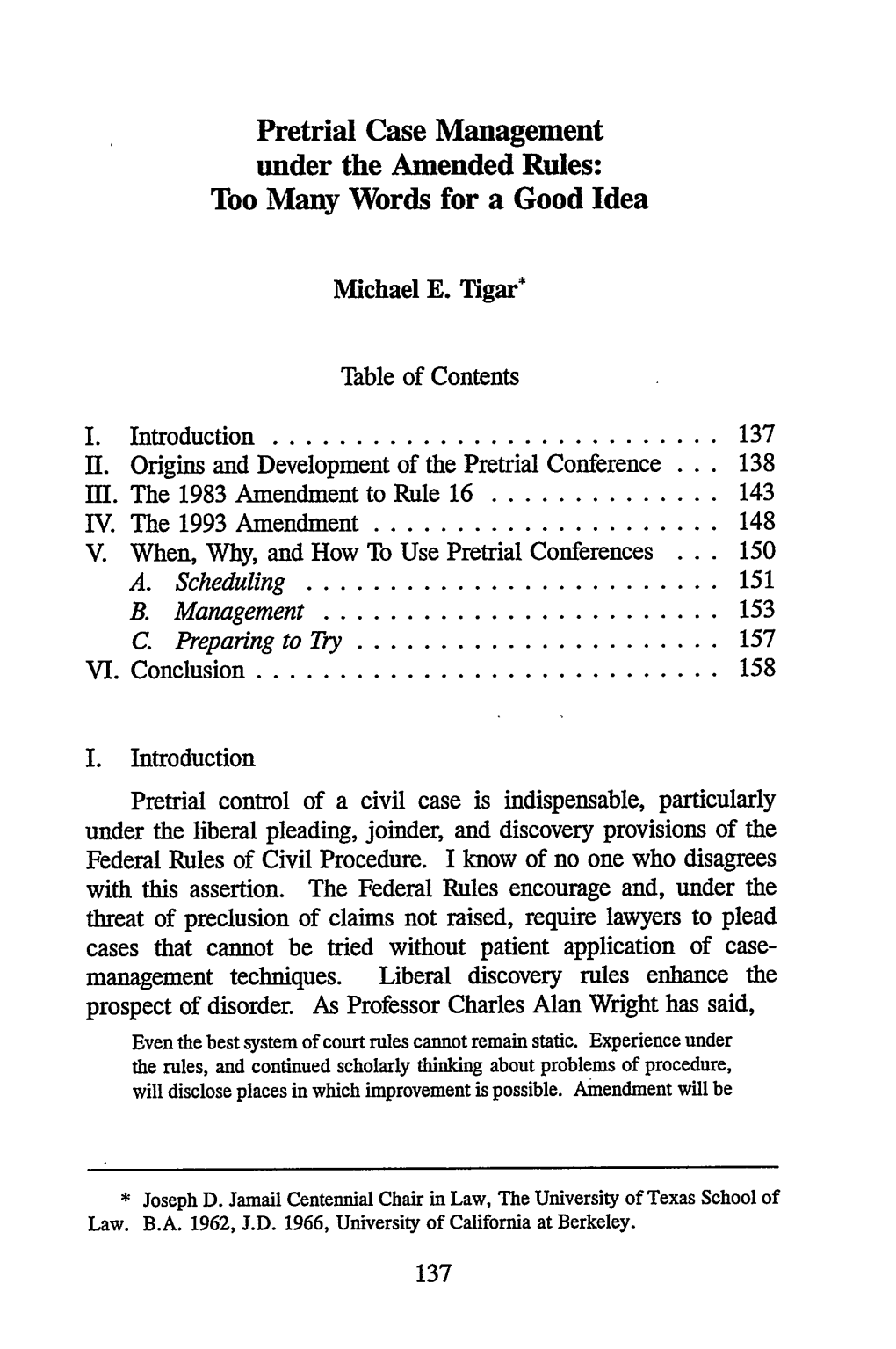 Pretrial Case Management Under the Amended Rules: Too Many Words for a Good Idea