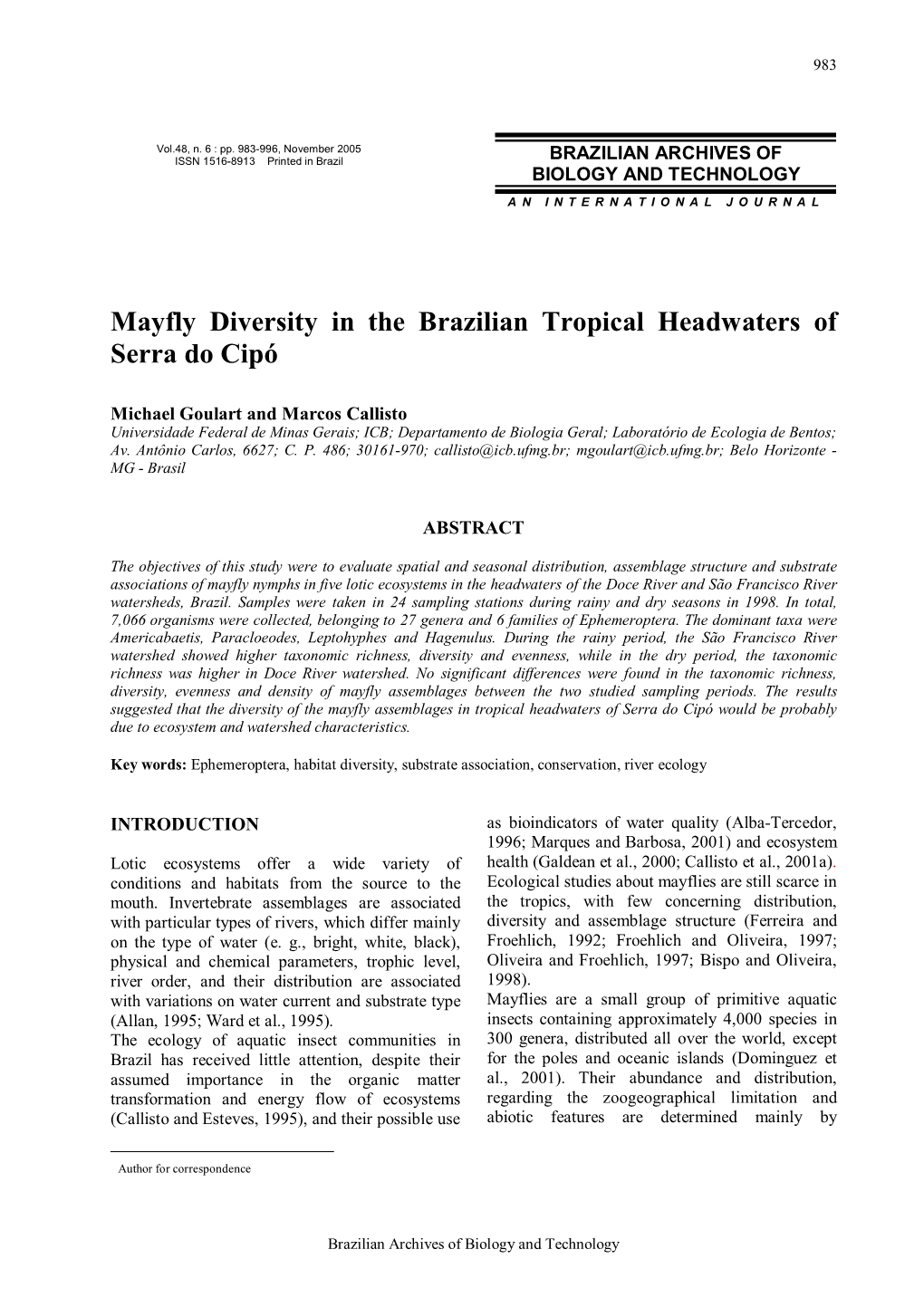 Mayfly Diversity in the Brazilian Tropical Headwaters of Serra Do Cipó