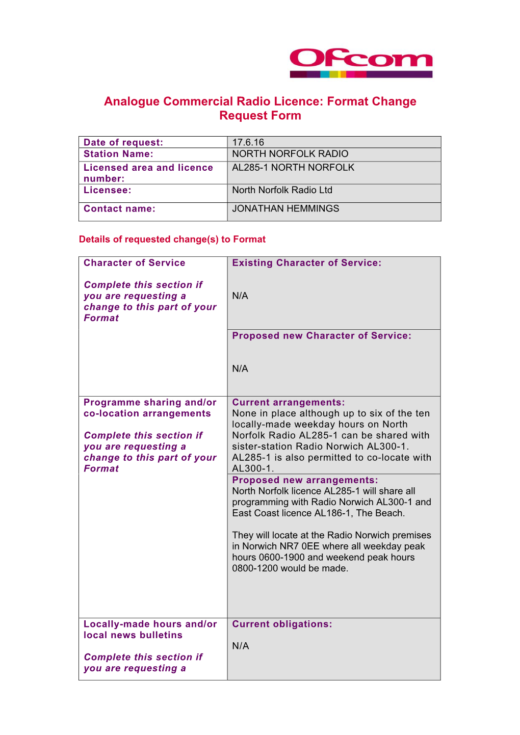 NORTH NORFOLK RADIO Licensed Area and Licence AL285-1 NORTH NORFOLK Number: Licensee: North Norfolk Radio Ltd Contact Name: JONATHAN HEMMINGS