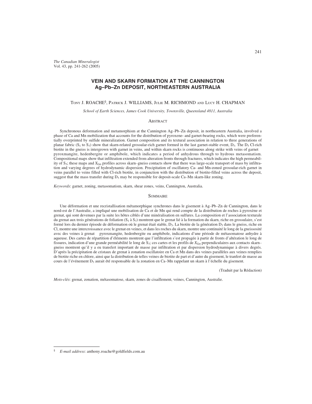 VEIN and SKARN FORMATION at the CANNINGTON Ag–Pb–Zn DEPOSIT, NORTHEASTERN AUSTRALIA