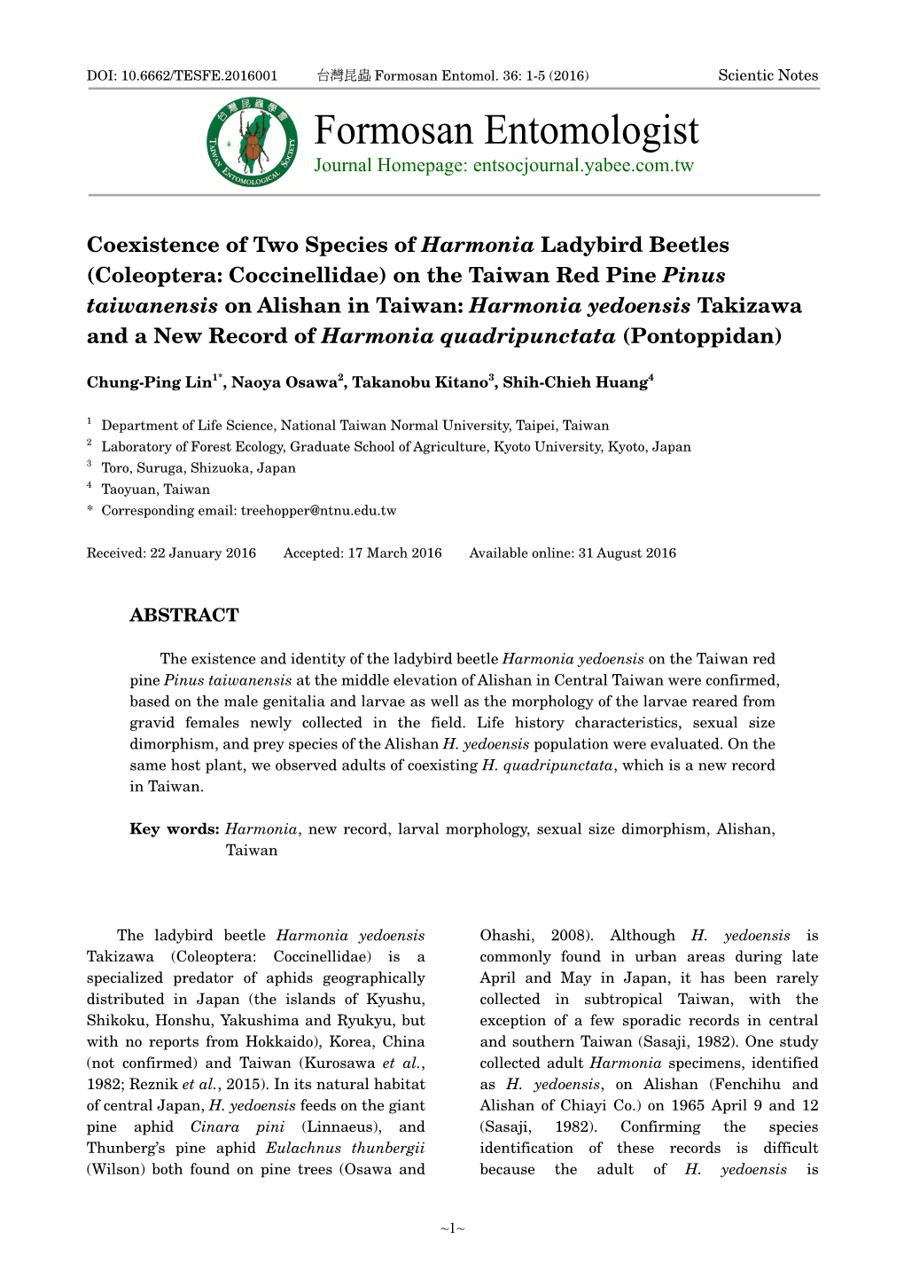 Formosan Entomologist Journal Homepage: Entsocjournal.Yabee.Com.Tw