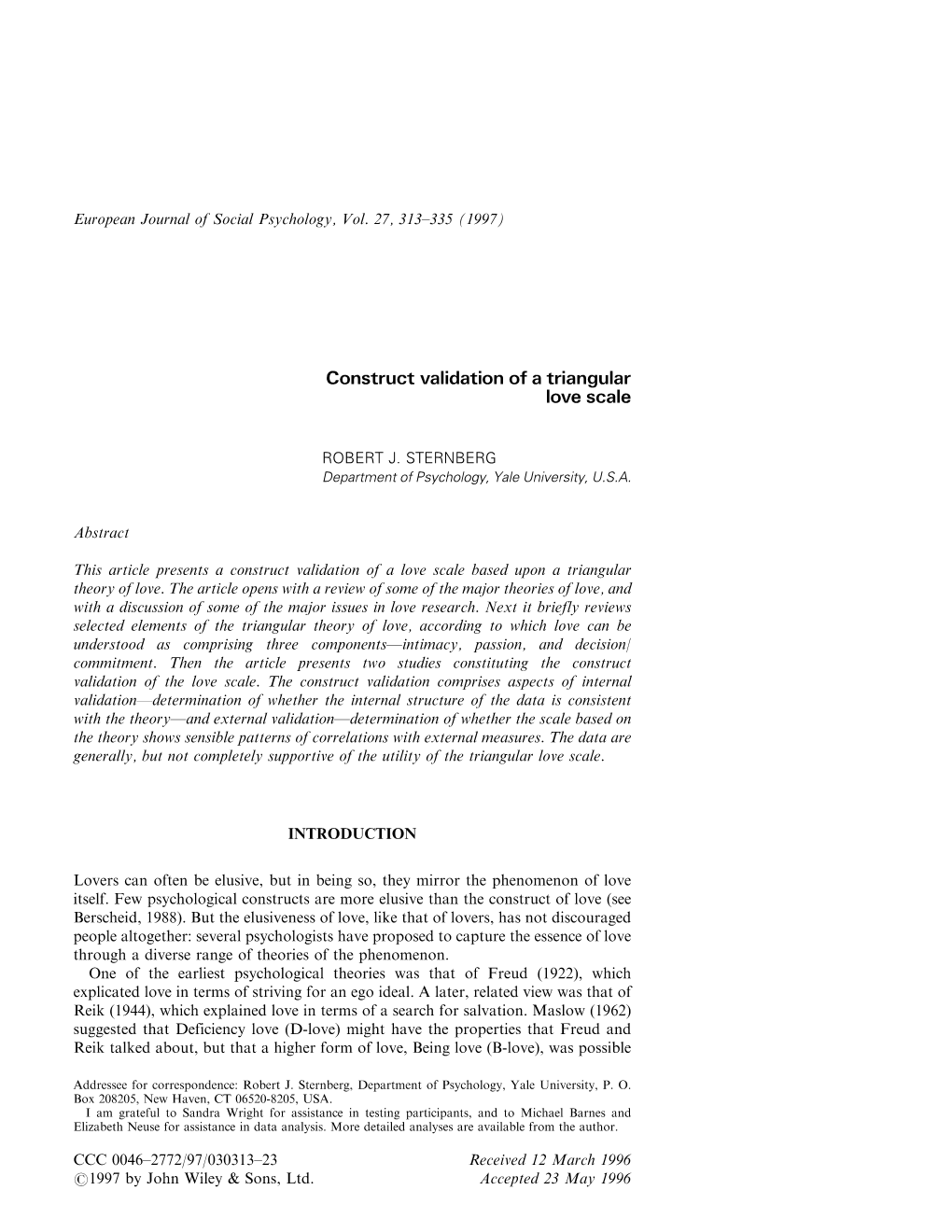 Construct Validation of a Triangular Love Scale