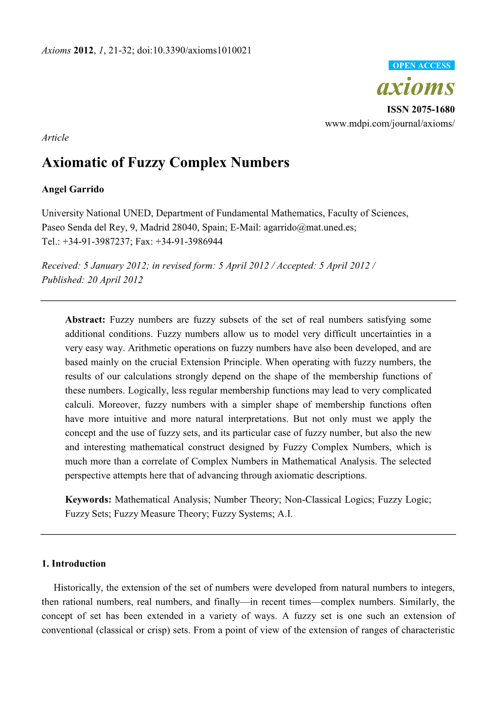 Axiomatic of Fuzzy Complex Numbers