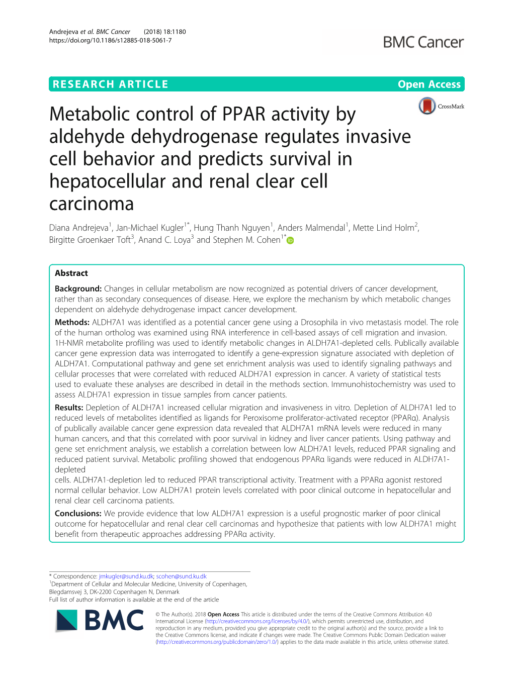 Metabolic Control of PPAR Activity by Aldehyde Dehydrogenase Regulates Invasive Cell Behavior and Predicts Survival in Hepatocel