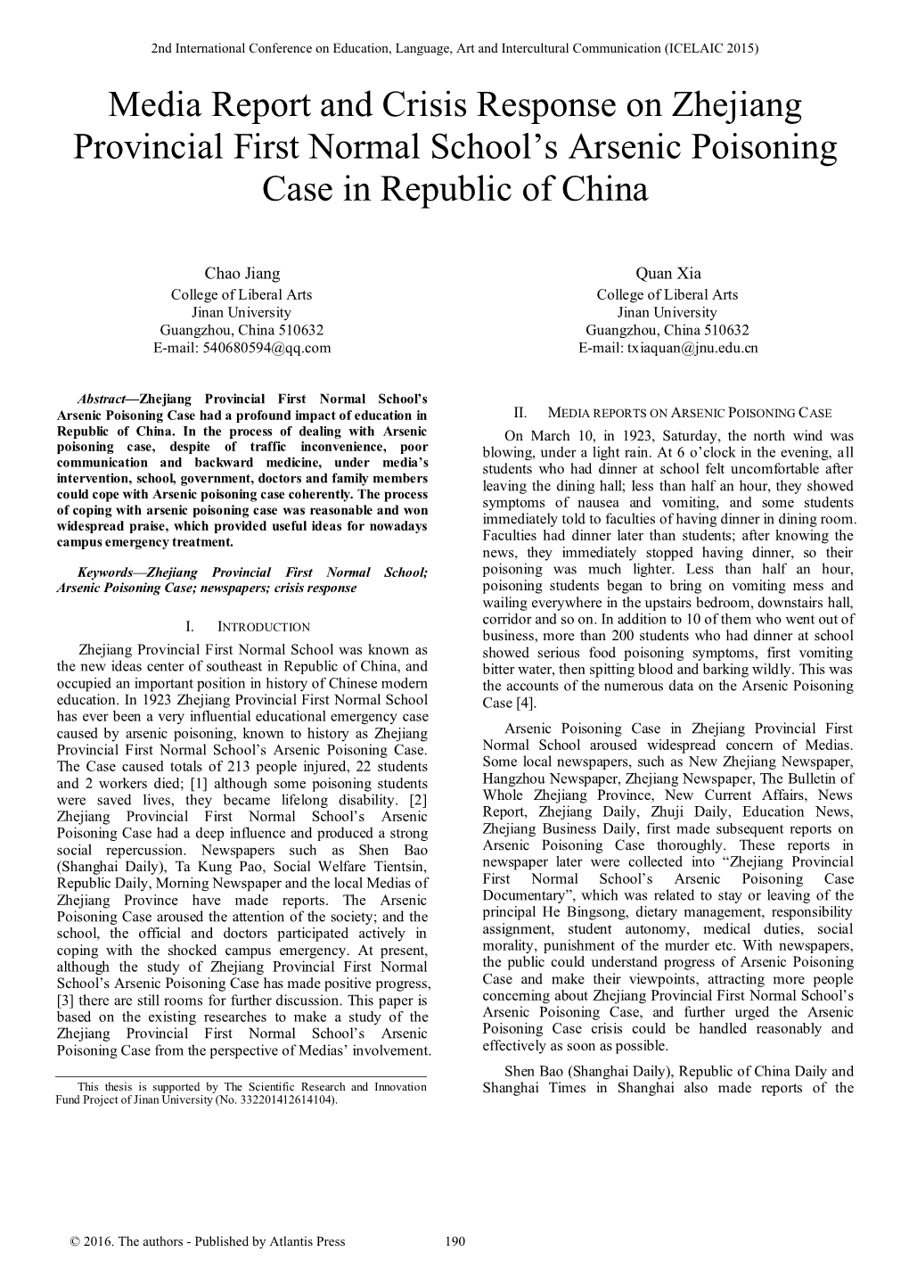 Media Report and Crisis Response on Zhejiang Provincial First Normal School’S Arsenic Poisoning Case in Republic of China