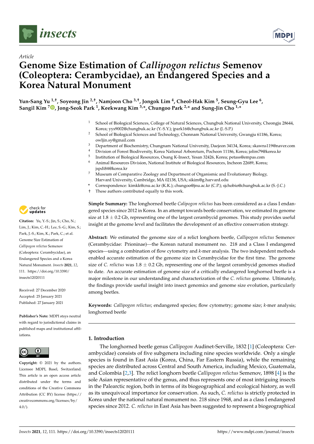 Coleoptera: Cerambycidae), an Endangered Species and a Korea Natural Monument