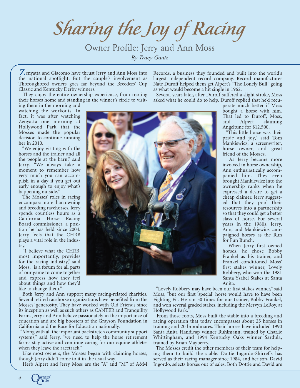 Sharing the Joy of Racing Owner Profile: Jerry and Ann Moss by Tracy Gantz