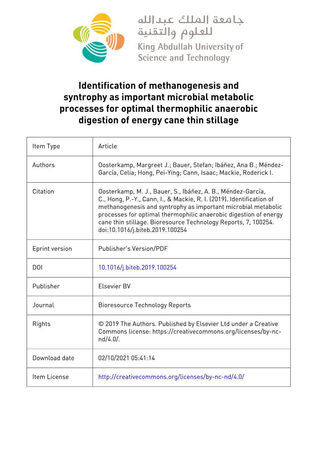 Identification of Methanogenesis and Syntrophy As Important Microbial Metabolic Processes for Optimal Thermophilic Anaerobic Digestion of Energy Cane Thin Stillage