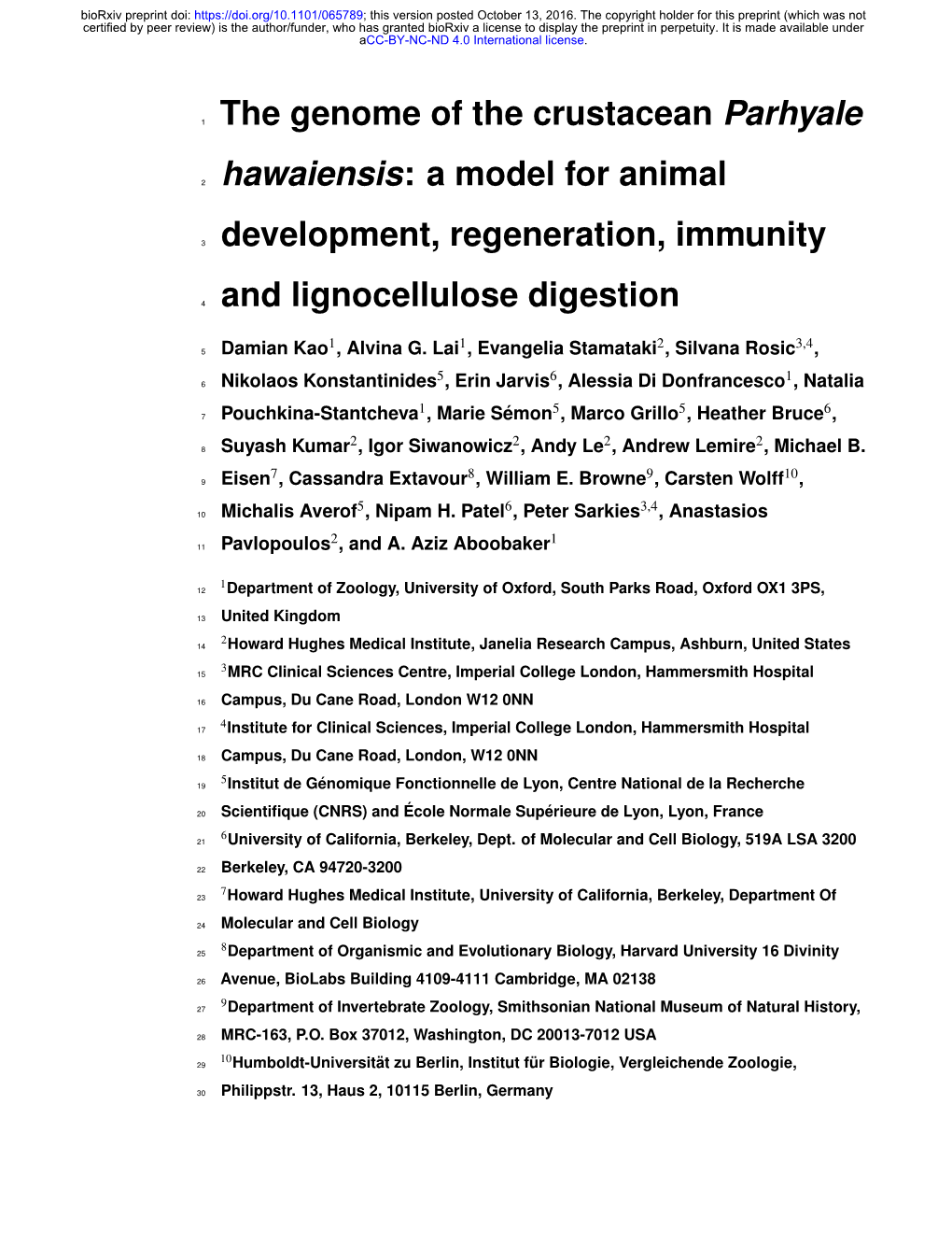 The Genome of the Crustacean Parhyale Hawaiensis