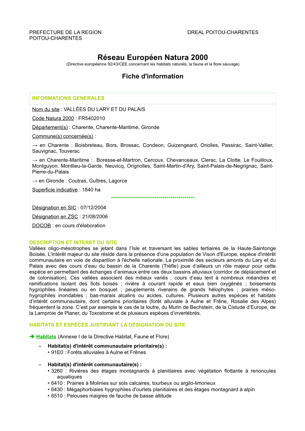 Réseau Européen Natura 2000 (Directive Européenne 92/43/CEE Concernant Les Habitats Naturels, La Faune Et La Flore Sauvage)