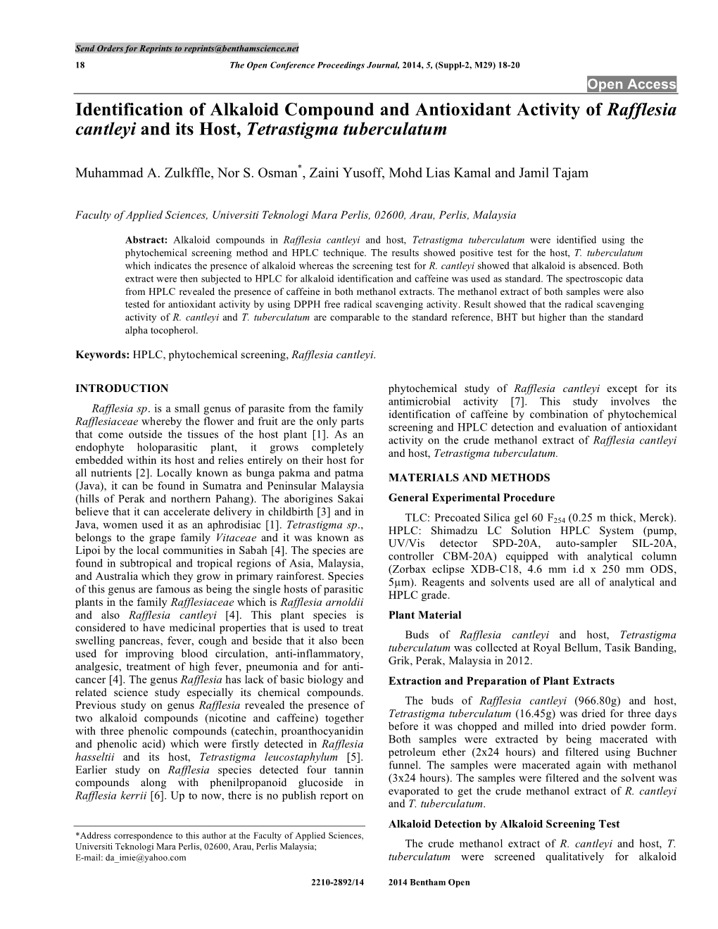 Identification of Alkaloid Compound and Antioxidant Activity of Rafflesia Cantleyi and Its Host, Tetrastigma Tuberculatum