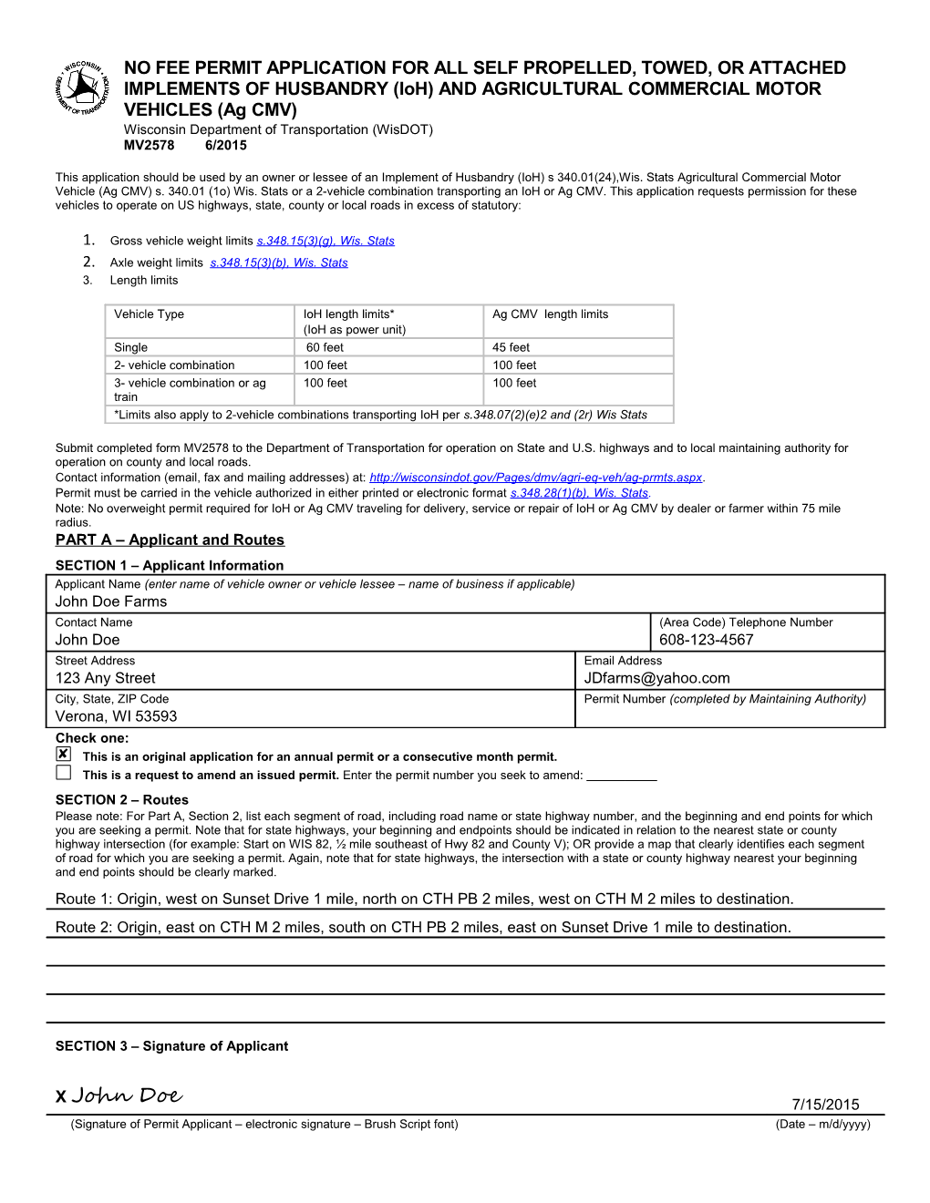 MV2578 No Fee Permit Application for Implements of Husbandry (Ioh) State