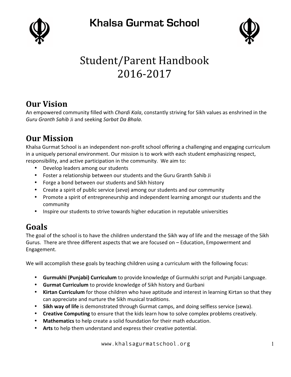 Khalsa Gurmat School Student/Parent Handbook 2016-2017