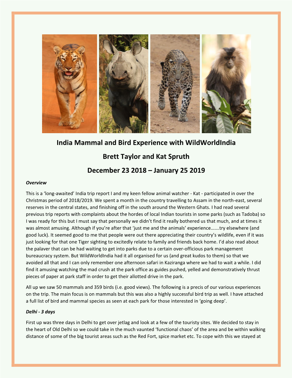 India Mammal and Bird Experience with Wildworldindia Brett Taylor and Kat Spruth December 23 2018 – January 25 2019