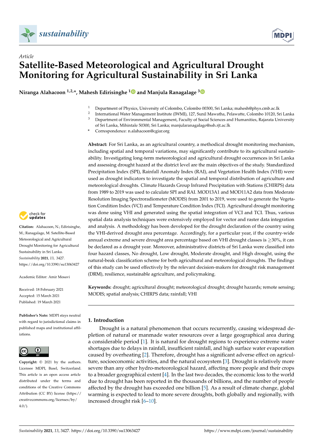 Satellite-Based Meteorological and Agricultural Drought Monitoring for Agricultural Sustainability in Sri Lanka
