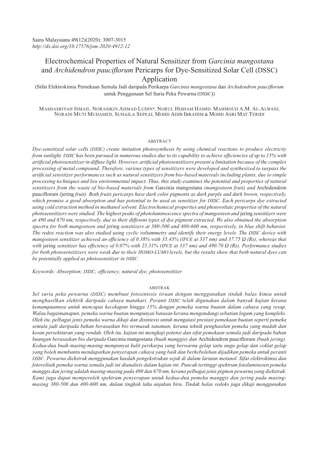 Electrochemical Properties of Natural Sensitizer from Garcinia