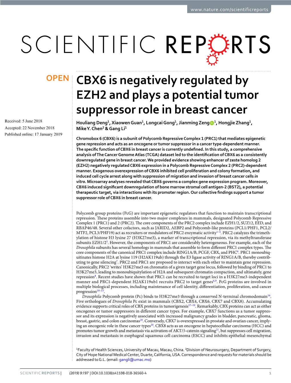 CBX6 Is Negatively Regulated by EZH2 and Plays a Potential Tumor Suppressor Role in Breast Cancer