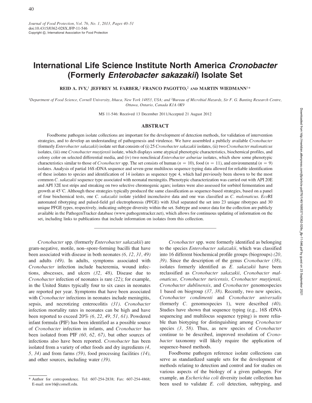 International Life Science Institute North America Cronobacter (Formerly Enterobacter Sakazakii) Isolate Set