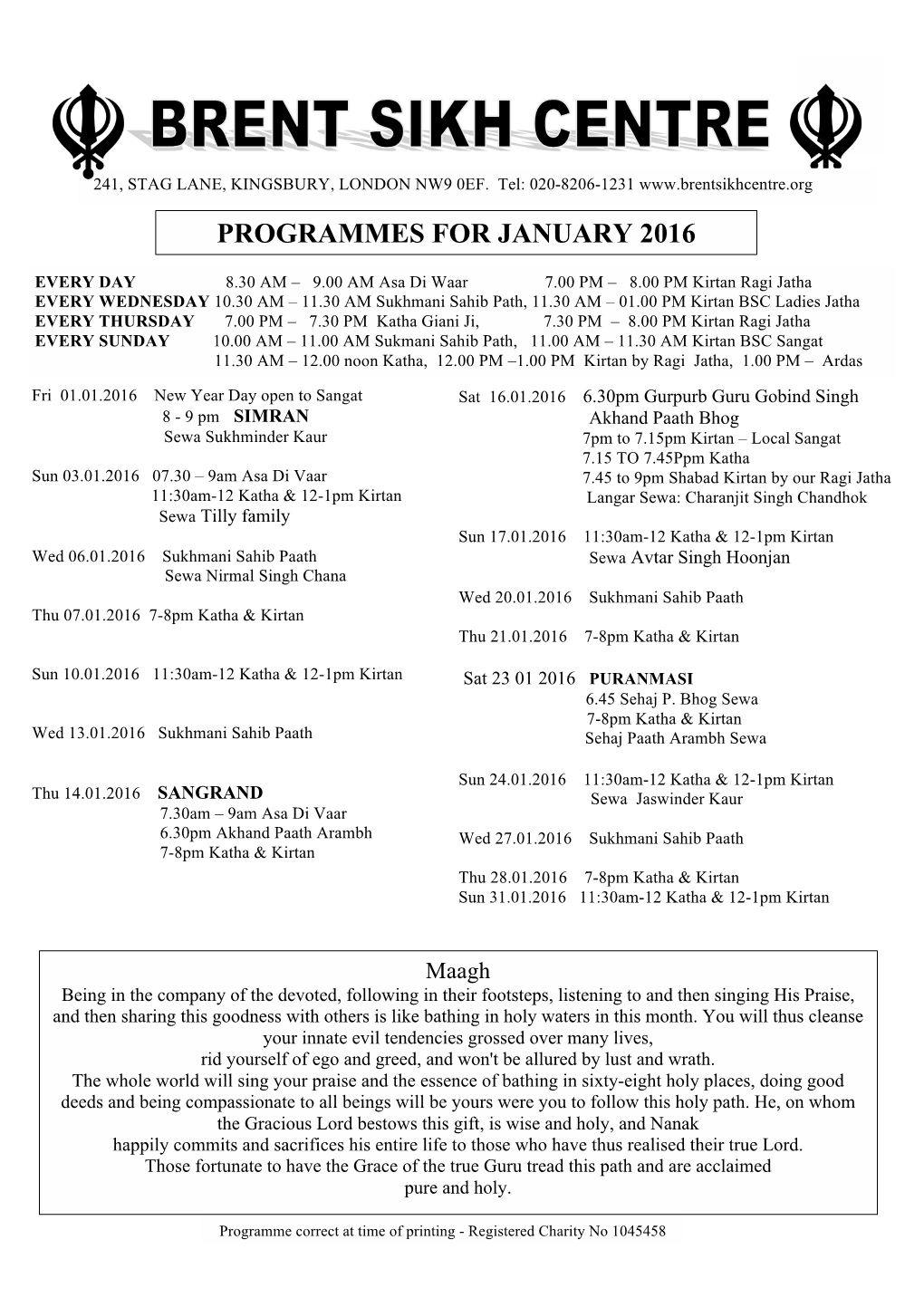 PROGRAMMES for JANUARY 2016 A