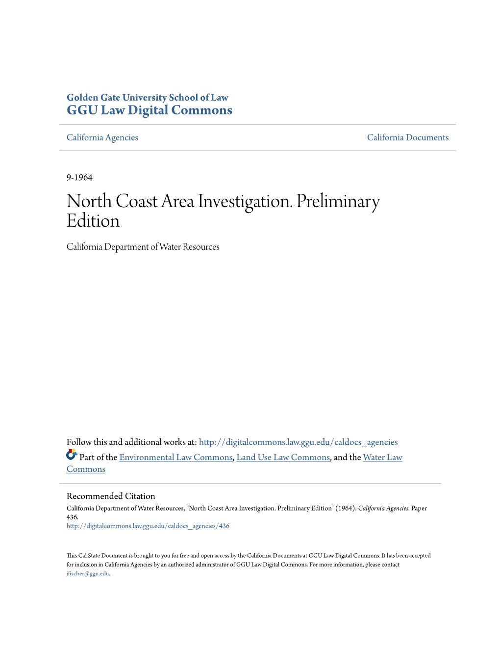 North Coast Area Investigation. Preliminary Edition California Department of Water Resources