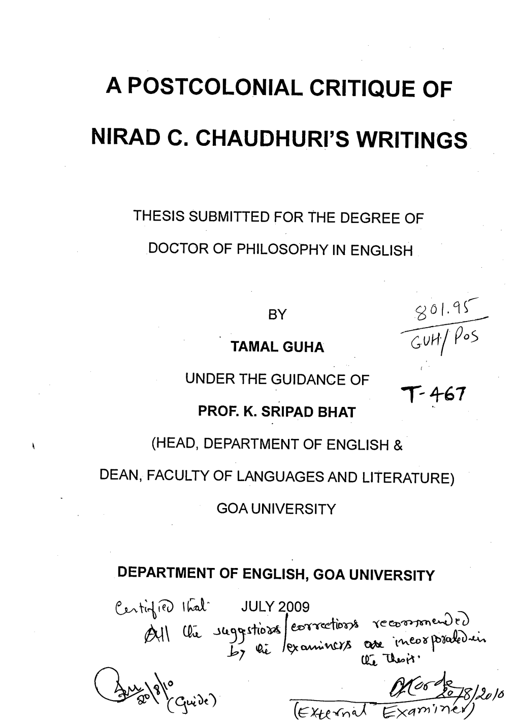 A Postcolonial Critique of Nirad C. Chaudhuri's Writings