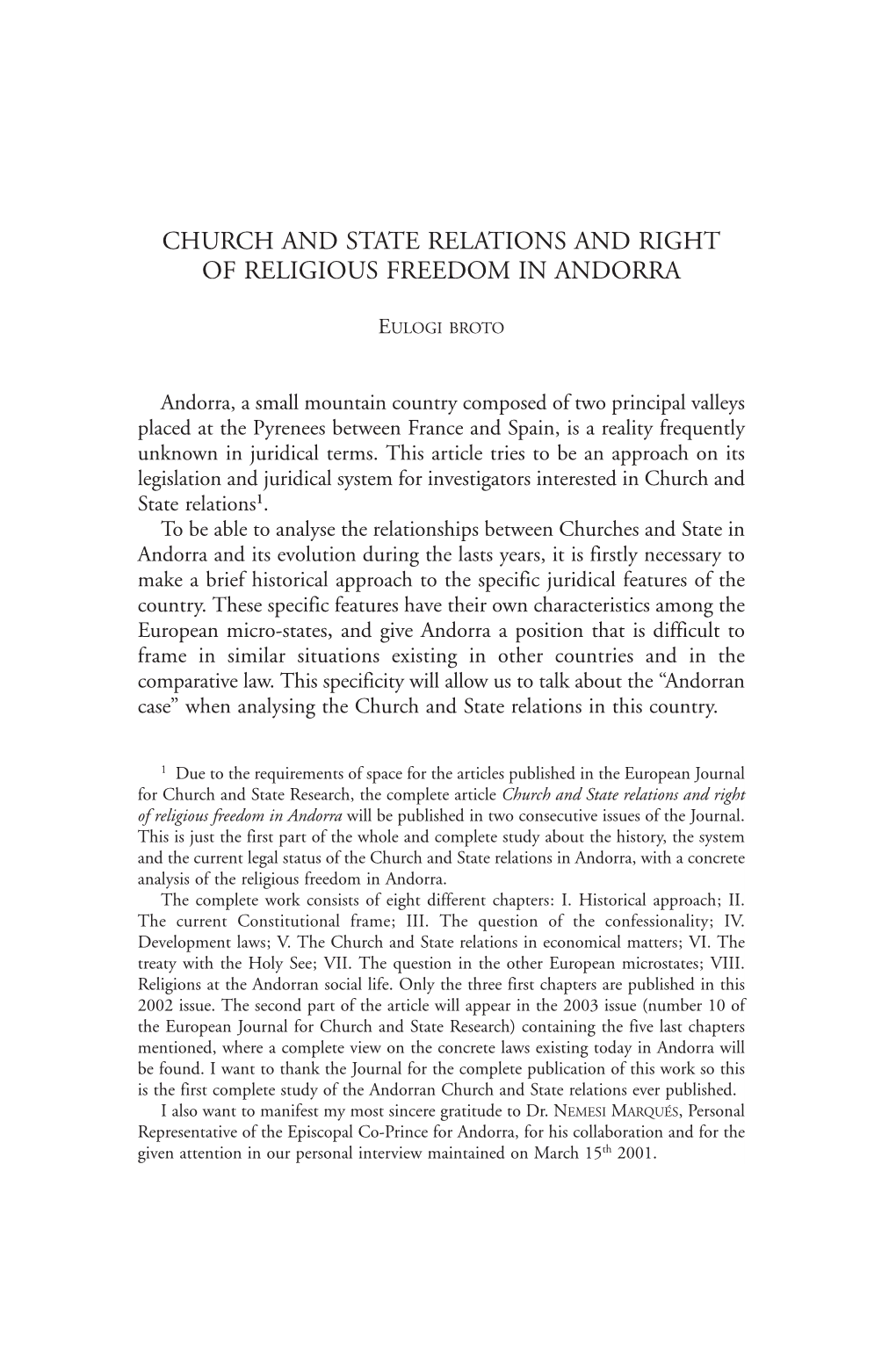 Church and State Relations and Right of Religious Freedom in Andorra