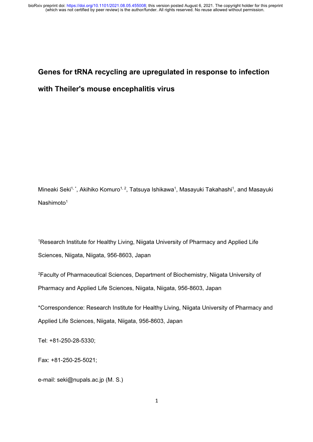 Genes for Trna Recycling Are Upregulated in Response to Infection with Theiler's Mouse Encephalitis Virus