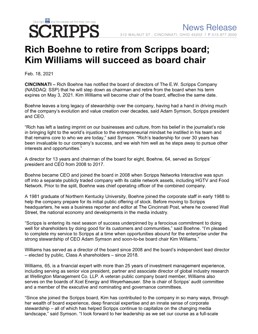 Rich Boehne to Retire from Scripps Board; Kim Williams Will Succeed As Board Chair