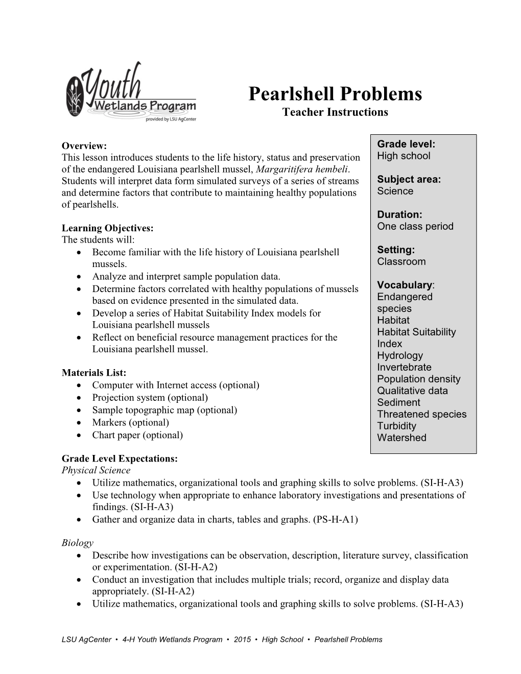 Pearlshell Problems Teacher Instructions