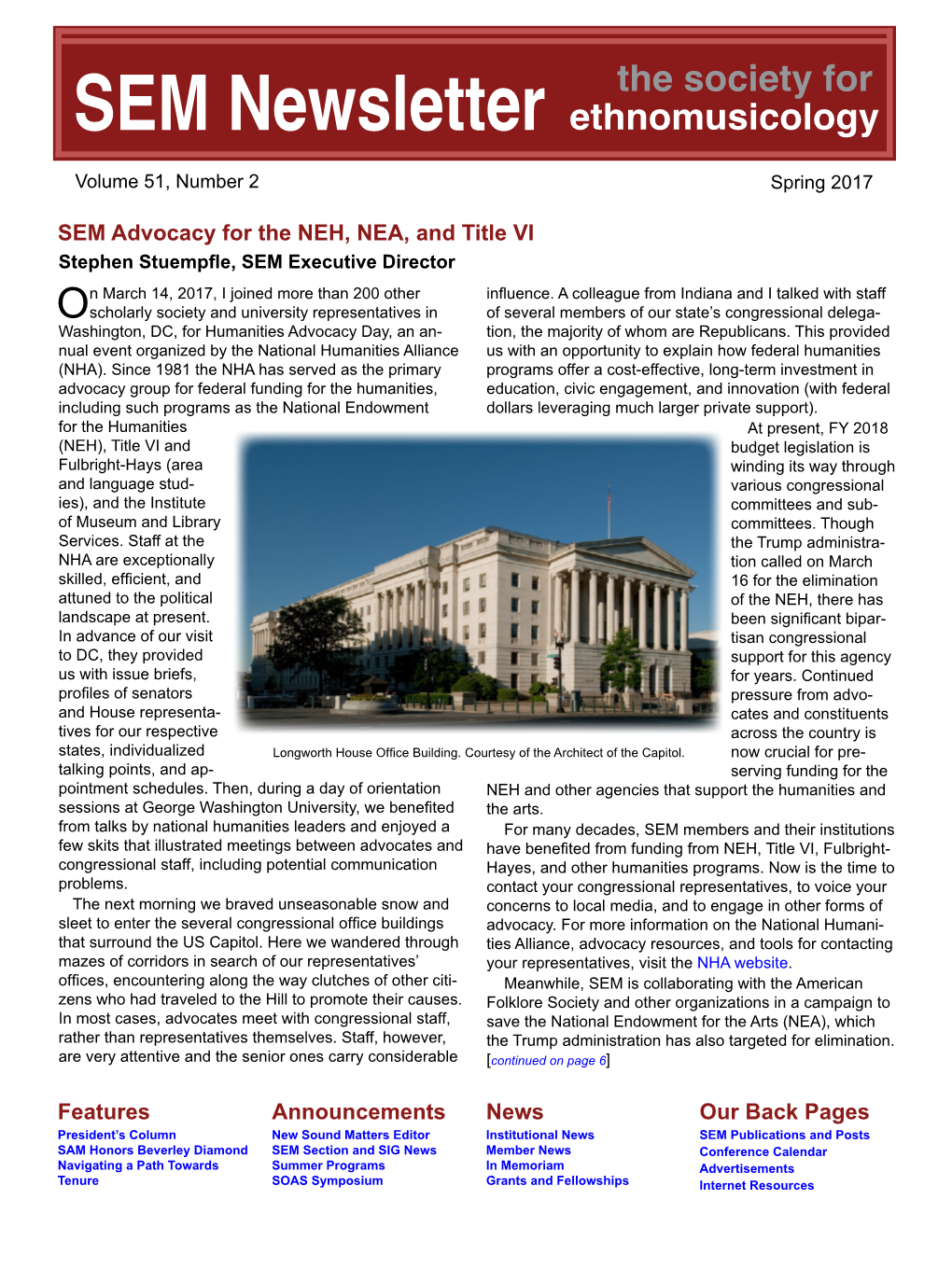 SEM Newsletter Ethnomusicology Volume 51, Number 2 Spring 2017