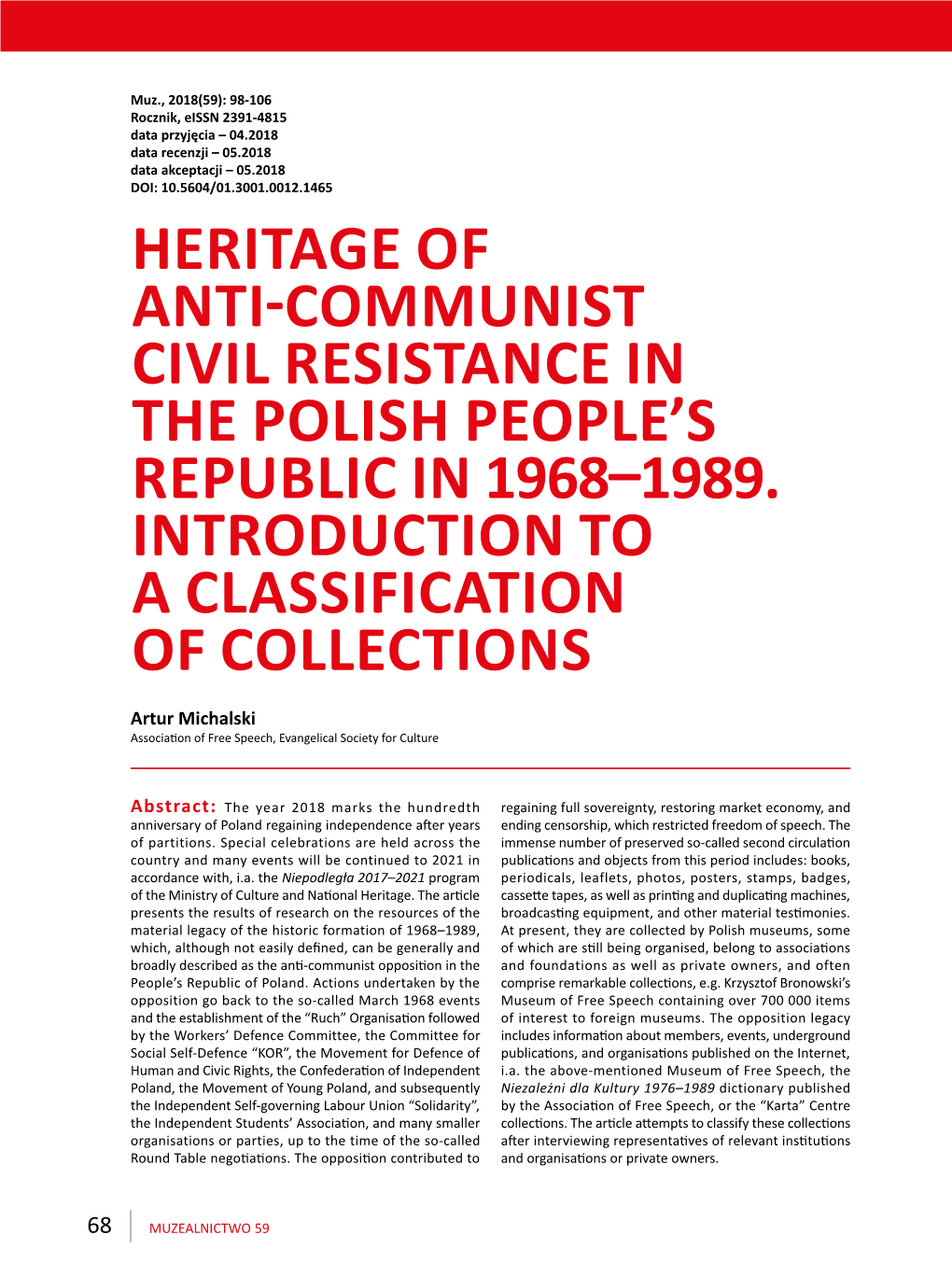 Heritage of Anti-Communist Civil Resistance in the Polish People's Republic in 1968–1989. Introduction to a Classification O