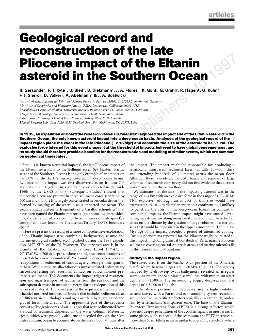 Geological Record and Reconstruction of the Late Pliocene Impact of the Eltanin Asteroid in the Southern Ocean