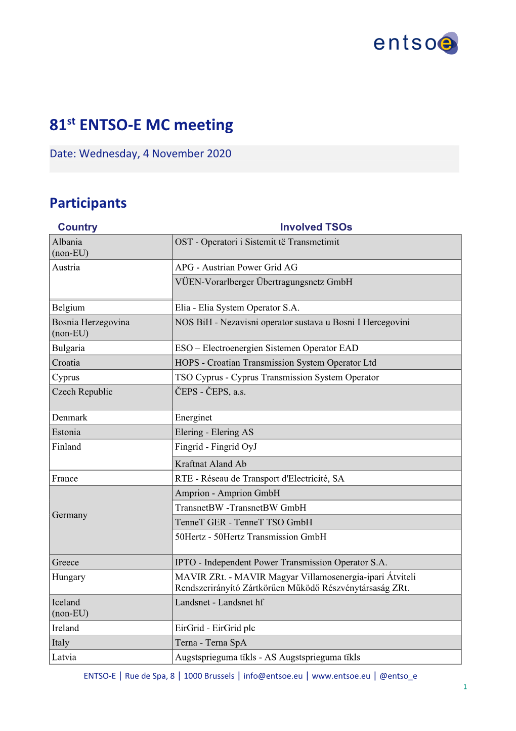 81St ENTSO-E MC Meeting