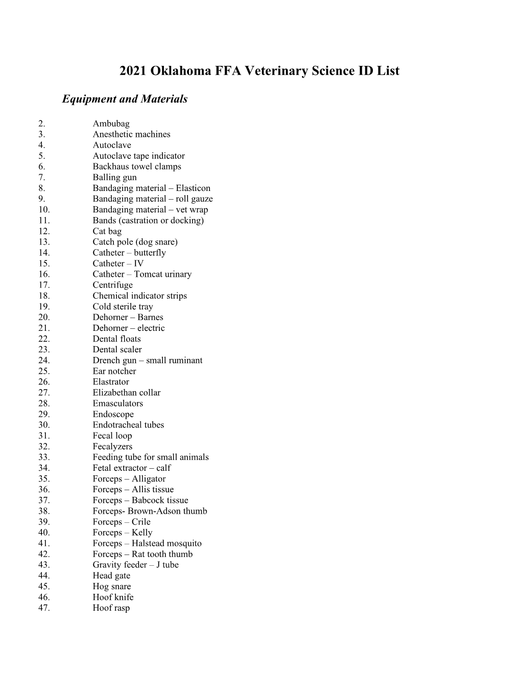 2021 Oklahoma FFA Veterinary Science ID List