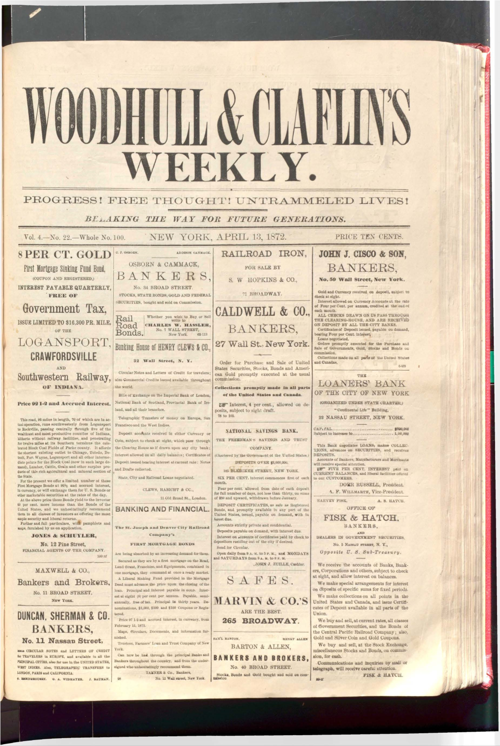 Woodhull and Claflins Weekly V4 N22 Apr 13 1872