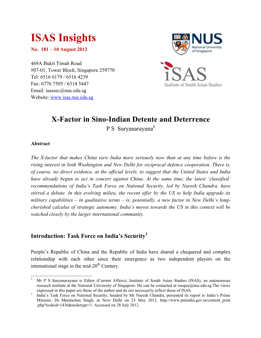 X-Factor in Sino-Indian Detente and Deterrence P S Suryanarayana1