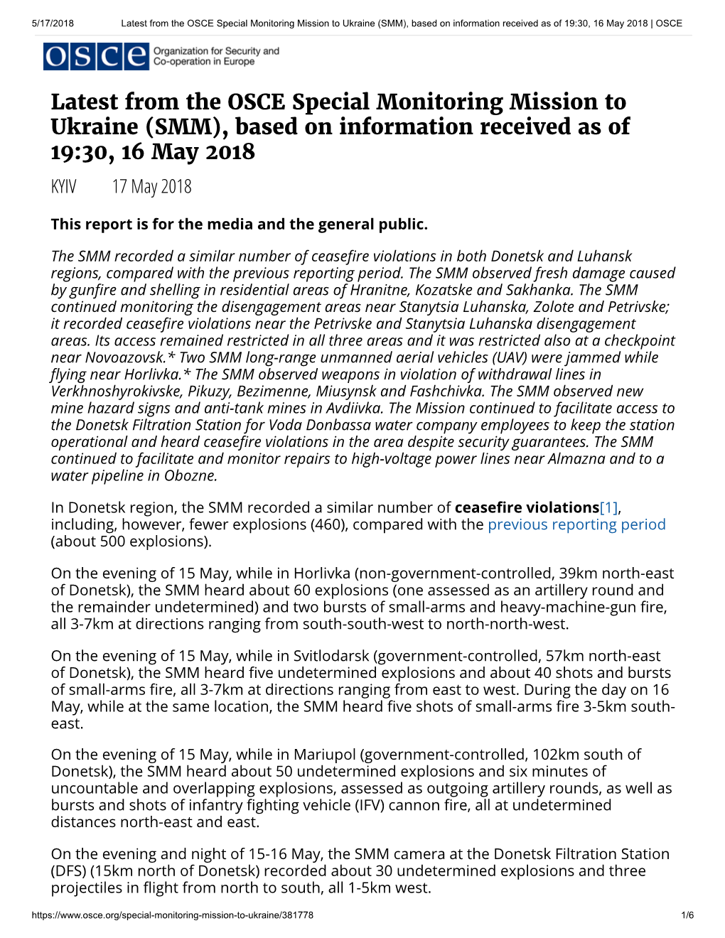 Latest from the OSCE Special Monitoring Mission to Ukraine (SMM), Based on Information Received As of 19:30, 16 May 2018 | OSCE