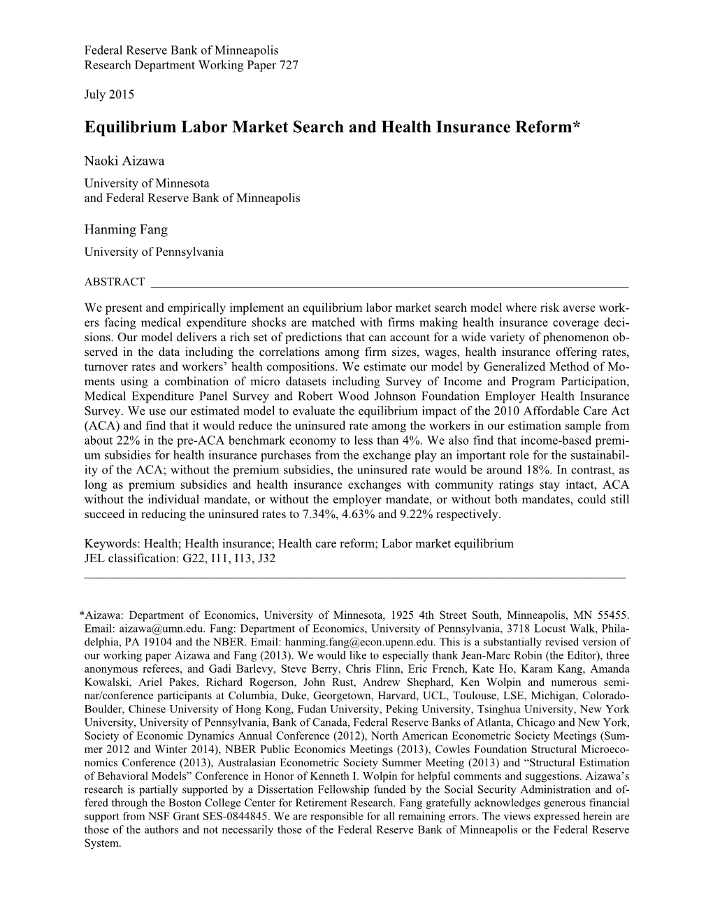 Equilibrium Labor Market Search and Health Insurance Reform*